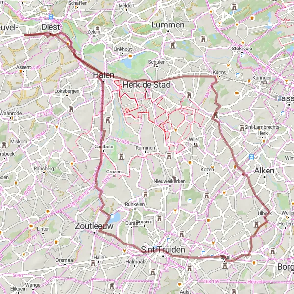 Map miniature of "Gravel expedition through Stevoort and Ulbeek" cycling inspiration in Prov. Vlaams-Brabant, Belgium. Generated by Tarmacs.app cycling route planner