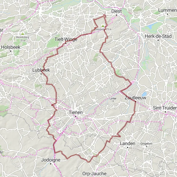Miniature de la carte de l'inspiration cycliste "Parcours de gravel autour de Kaggevinne" dans la Prov. Vlaams-Brabant, Belgium. Générée par le planificateur d'itinéraire cycliste Tarmacs.app