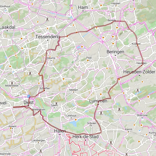 Miniature de la carte de l'inspiration cycliste "Boucle gravel de 63 km au départ de Kaggevinne" dans la Prov. Vlaams-Brabant, Belgium. Générée par le planificateur d'itinéraire cycliste Tarmacs.app