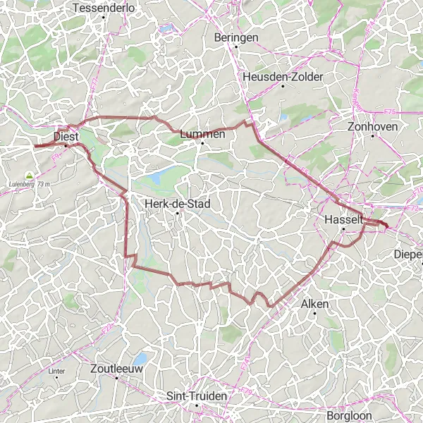 Miniature de la carte de l'inspiration cycliste "Parcours gravel de 73 km près de Kaggevinne" dans la Prov. Vlaams-Brabant, Belgium. Générée par le planificateur d'itinéraire cycliste Tarmacs.app