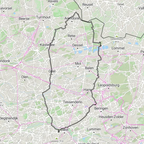 Miniature de la carte de l'inspiration cycliste "Parcours à vélo route de 116 km de Kaggevinne" dans la Prov. Vlaams-Brabant, Belgium. Générée par le planificateur d'itinéraire cycliste Tarmacs.app