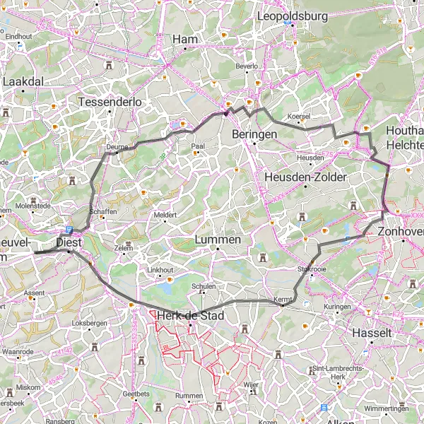 Miniature de la carte de l'inspiration cycliste "Parcours à vélo de route pittoresque" dans la Prov. Vlaams-Brabant, Belgium. Générée par le planificateur d'itinéraire cycliste Tarmacs.app