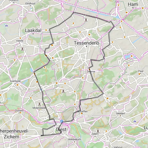 Miniature de la carte de l'inspiration cycliste "Parcours à vélo route de 44 km près de Kaggevinne" dans la Prov. Vlaams-Brabant, Belgium. Générée par le planificateur d'itinéraire cycliste Tarmacs.app
