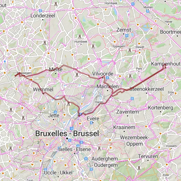 Karten-Miniaturansicht der Radinspiration "Gravel Tour durch Machelen und Brussegem" in Prov. Vlaams-Brabant, Belgium. Erstellt vom Tarmacs.app-Routenplaner für Radtouren