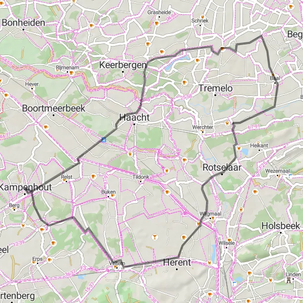 Miniatuurkaart van de fietsinspiratie "Baal naar Nederokkerzeel Fietsroute" in Prov. Vlaams-Brabant, Belgium. Gemaakt door de Tarmacs.app fietsrouteplanner