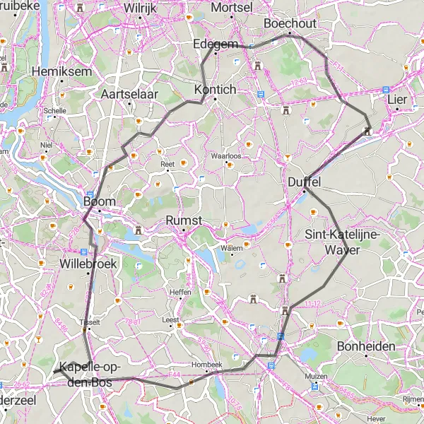 Map miniature of "Boom to Kapelle-op-den-Bos Road Cycling" cycling inspiration in Prov. Vlaams-Brabant, Belgium. Generated by Tarmacs.app cycling route planner