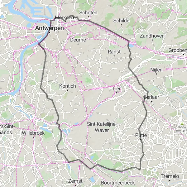 Miniatuurkaart van de fietsinspiratie "Antwerpse Kempen en Rivieren Road Route" in Prov. Vlaams-Brabant, Belgium. Gemaakt door de Tarmacs.app fietsrouteplanner
