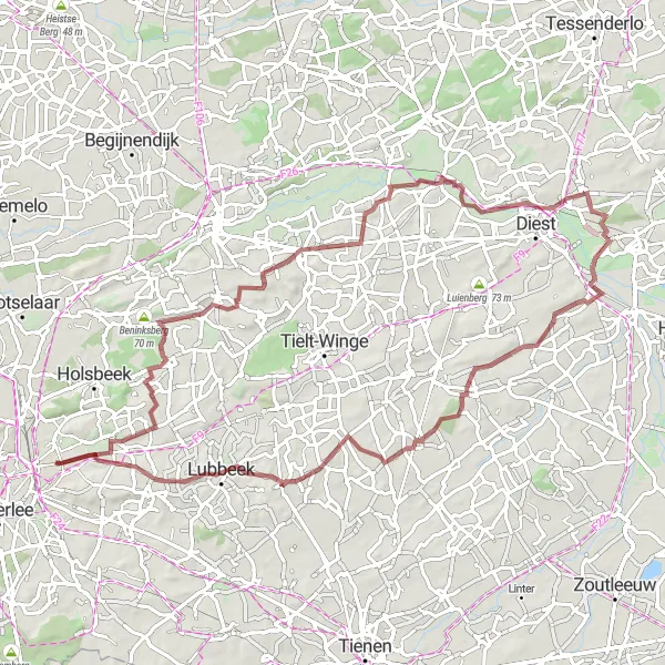 Map miniature of "Scenic Gravel Adventure: Kessel-Lo to Lubbeek" cycling inspiration in Prov. Vlaams-Brabant, Belgium. Generated by Tarmacs.app cycling route planner