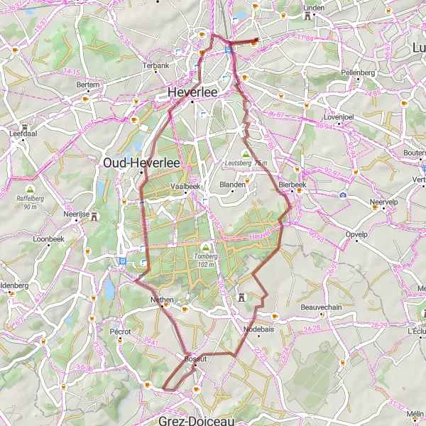 Miniature de la carte de l'inspiration cycliste "Aventure gravel à Nethen et Vrijheidsboom" dans la Prov. Vlaams-Brabant, Belgium. Générée par le planificateur d'itinéraire cycliste Tarmacs.app