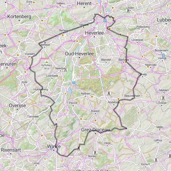 Map miniature of "Challenging Road Circuit: Kessel-Lo to Korbeek-Lo" cycling inspiration in Prov. Vlaams-Brabant, Belgium. Generated by Tarmacs.app cycling route planner