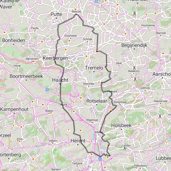 Miniatuurkaart van de fietsinspiratie "Pittoreske Wegfietsroute door Vlaams-Brabant" in Prov. Vlaams-Brabant, Belgium. Gemaakt door de Tarmacs.app fietsrouteplanner