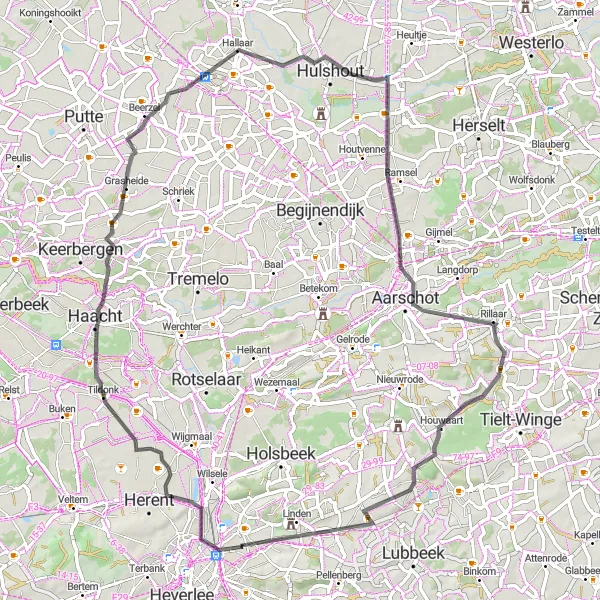 Miniatuurkaart van de fietsinspiratie "Wegfietsroute langs Bezienswaardigheden" in Prov. Vlaams-Brabant, Belgium. Gemaakt door de Tarmacs.app fietsrouteplanner