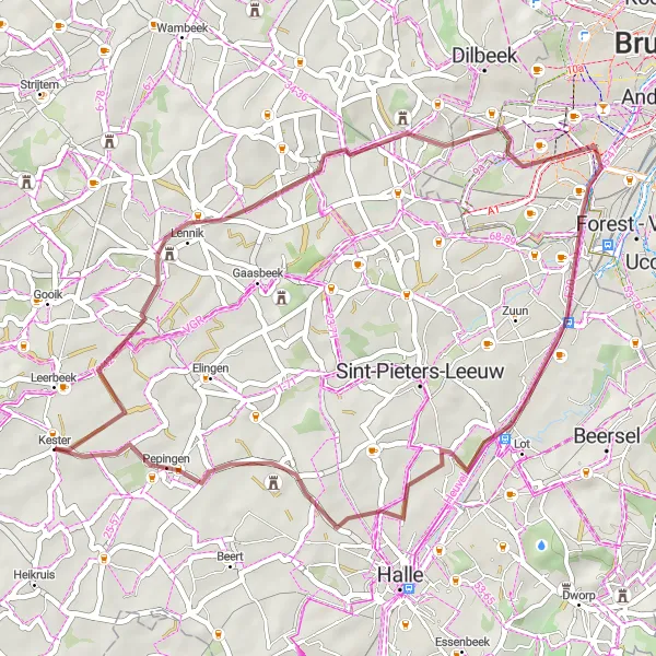 Miniatuurkaart van de fietsinspiratie "Gravelroute van Kester naar Sint-Martens-Lennik" in Prov. Vlaams-Brabant, Belgium. Gemaakt door de Tarmacs.app fietsrouteplanner