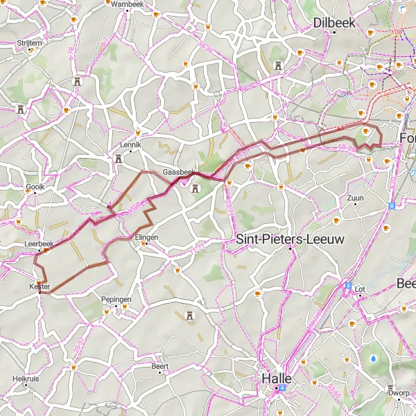 Miniatuurkaart van de fietsinspiratie "Fietsroute Kester - Gaasbeek - Leerbeek" in Prov. Vlaams-Brabant, Belgium. Gemaakt door de Tarmacs.app fietsrouteplanner