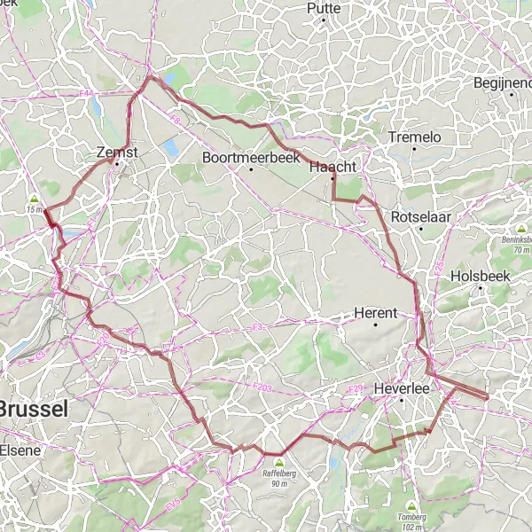 Miniatuurkaart van de fietsinspiratie "Gravelroute naar Haacht via Nossegem en Machelen" in Prov. Vlaams-Brabant, Belgium. Gemaakt door de Tarmacs.app fietsrouteplanner