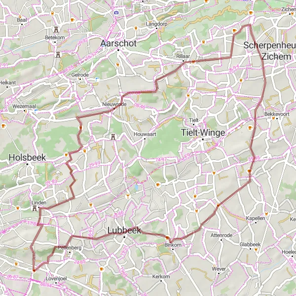 Karten-Miniaturansicht der Radinspiration "Gravelroute durch Linden und Lubbeek" in Prov. Vlaams-Brabant, Belgium. Erstellt vom Tarmacs.app-Routenplaner für Radtouren