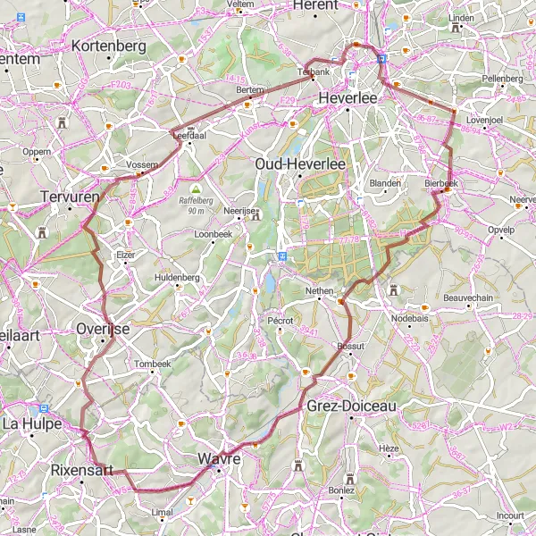 Karten-Miniaturansicht der Radinspiration "Graveltour von Korbeek-Lo nach Bierbeek" in Prov. Vlaams-Brabant, Belgium. Erstellt vom Tarmacs.app-Routenplaner für Radtouren