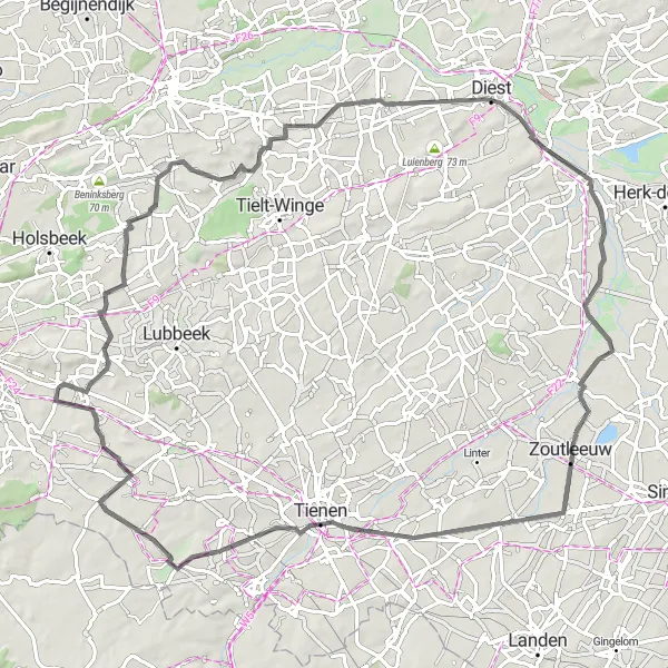 Map miniature of "Scenic Loop to Scherpenheuvel-Zichem" cycling inspiration in Prov. Vlaams-Brabant, Belgium. Generated by Tarmacs.app cycling route planner