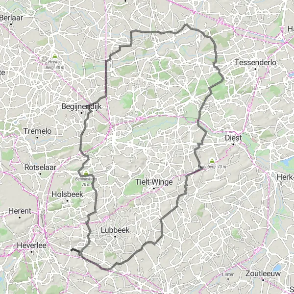 Map miniature of "Korbeek-Lo Exploration" cycling inspiration in Prov. Vlaams-Brabant, Belgium. Generated by Tarmacs.app cycling route planner