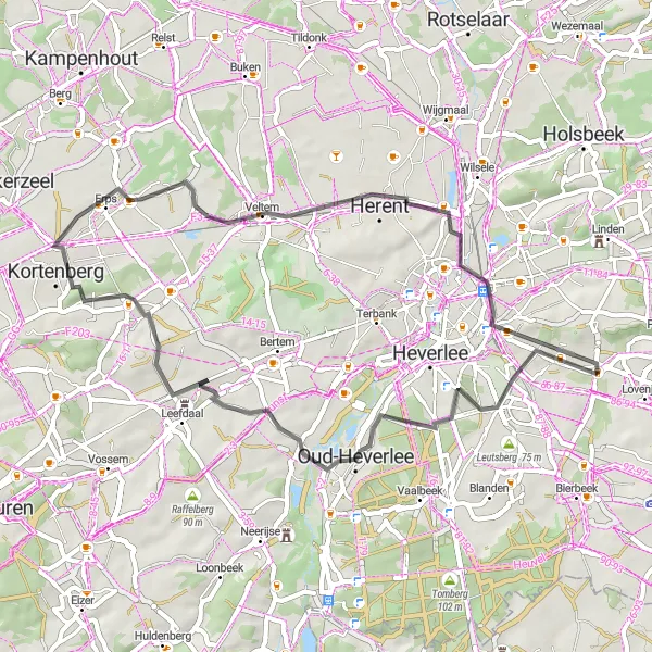 Miniatuurkaart van de fietsinspiratie "Rondrit vanuit Korbeek-Lo via Vogelkijkwand en Erps-Kwerps" in Prov. Vlaams-Brabant, Belgium. Gemaakt door de Tarmacs.app fietsrouteplanner