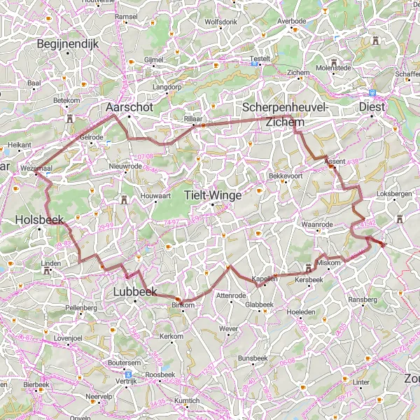 Miniature de la carte de l'inspiration cycliste "Tour Unique autour de Kortenaken" dans la Prov. Vlaams-Brabant, Belgium. Générée par le planificateur d'itinéraire cycliste Tarmacs.app