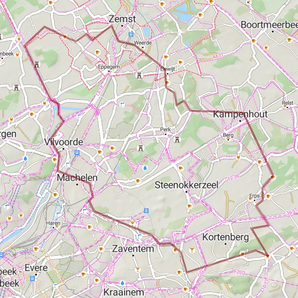 Karten-Miniaturansicht der Radinspiration "Gravel-Tour von Kortenberg nach Erps-Kwerps" in Prov. Vlaams-Brabant, Belgium. Erstellt vom Tarmacs.app-Routenplaner für Radtouren