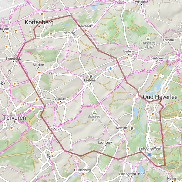 Map miniature of "Gravel Tour to Uitkijktoren and Oud-Heverlee" cycling inspiration in Prov. Vlaams-Brabant, Belgium. Generated by Tarmacs.app cycling route planner