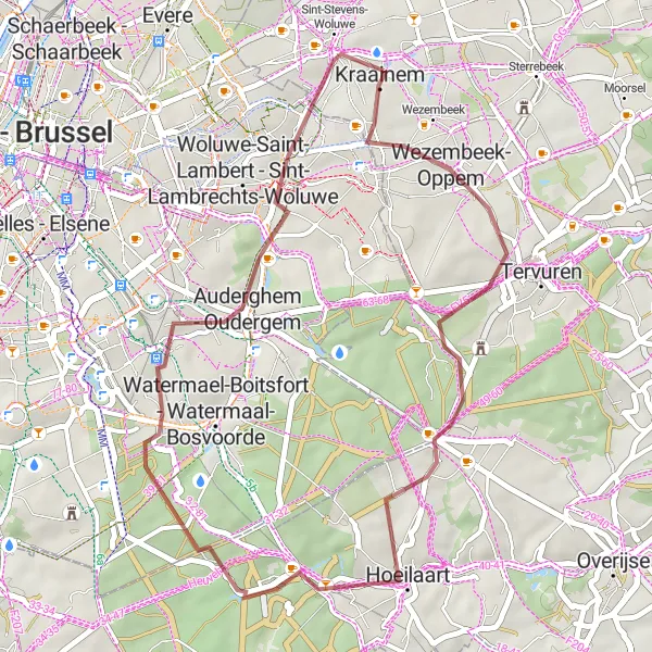 Map miniature of "Short Gravel Delight: Wezembeek-Oppem to Sint-Stevens-Woluwe" cycling inspiration in Prov. Vlaams-Brabant, Belgium. Generated by Tarmacs.app cycling route planner
