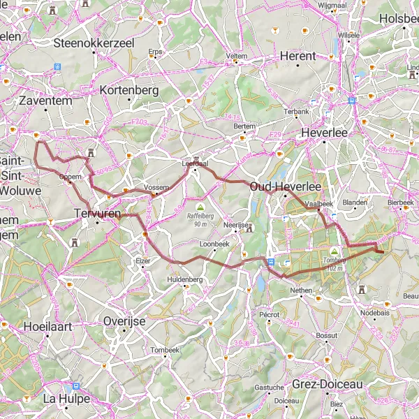 Miniature de la carte de l'inspiration cycliste "Parcours VTT depuis Kraainem - Tervuren" dans la Prov. Vlaams-Brabant, Belgium. Générée par le planificateur d'itinéraire cycliste Tarmacs.app
