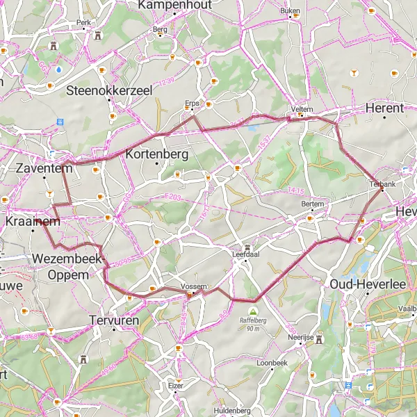 Miniature de la carte de l'inspiration cycliste "Aventure Gravel près de Kraainem" dans la Prov. Vlaams-Brabant, Belgium. Générée par le planificateur d'itinéraire cycliste Tarmacs.app