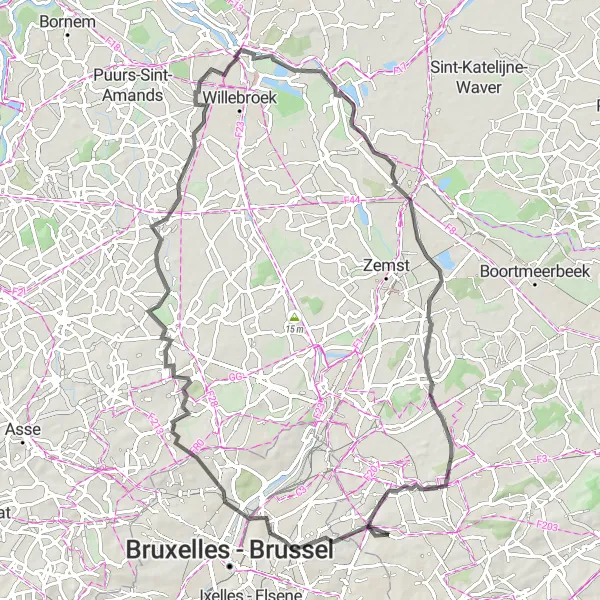 Map miniature of "Countryside Road Escape: Laeken to Sint-Stevens-Woluwe" cycling inspiration in Prov. Vlaams-Brabant, Belgium. Generated by Tarmacs.app cycling route planner