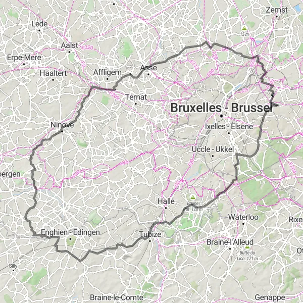 Map miniature of "Challenge Accepted: Watermael-Boitsfort to Diegem" cycling inspiration in Prov. Vlaams-Brabant, Belgium. Generated by Tarmacs.app cycling route planner