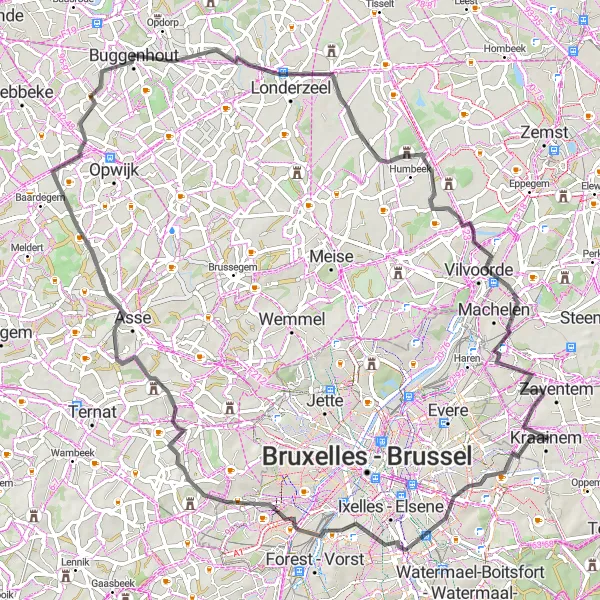 Map miniature of "Road Cycling Adventure: Woluwe-Saint-Lambert to Nieuwenrode" cycling inspiration in Prov. Vlaams-Brabant, Belgium. Generated by Tarmacs.app cycling route planner