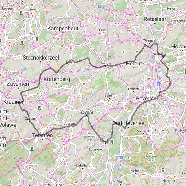 Karten-Miniaturansicht der Radinspiration "Hügelige Straßenrunde um Kraainem" in Prov. Vlaams-Brabant, Belgium. Erstellt vom Tarmacs.app-Routenplaner für Radtouren