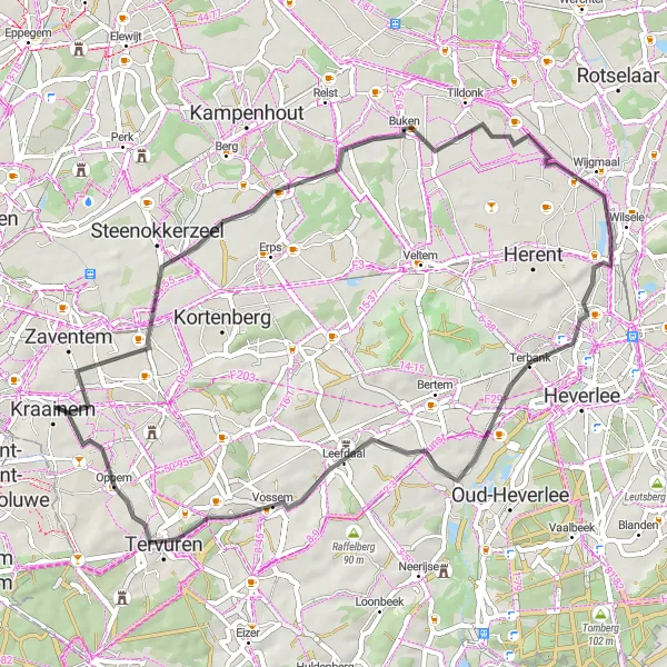 Miniatuurkaart van de fietsinspiratie "Rondrit via Buken en Leefdaal" in Prov. Vlaams-Brabant, Belgium. Gemaakt door de Tarmacs.app fietsrouteplanner