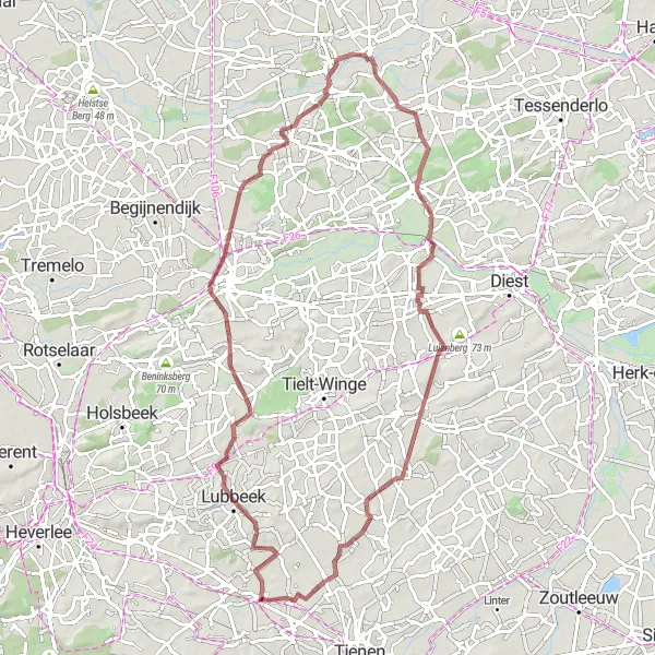 Karten-Miniaturansicht der Radinspiration "Entdecke die Natur: Lubbeek - Kapellen Rundfahrt" in Prov. Vlaams-Brabant, Belgium. Erstellt vom Tarmacs.app-Routenplaner für Radtouren
