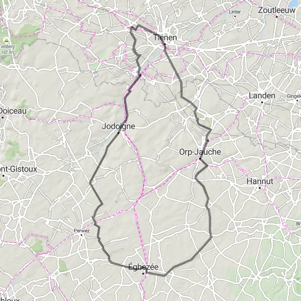 Miniatuurkaart van de fietsinspiratie "Pellaines - Jodoigne-Souveraine Wegen Cycelroute" in Prov. Vlaams-Brabant, Belgium. Gemaakt door de Tarmacs.app fietsrouteplanner