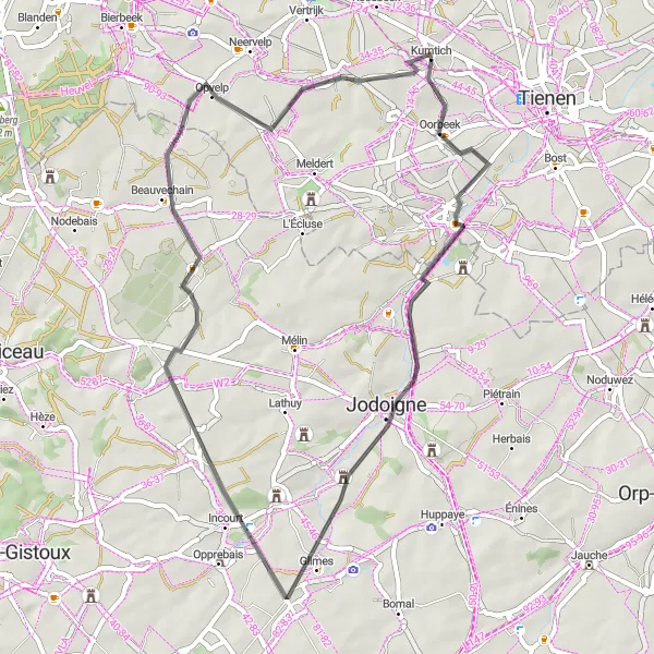 Miniatuurkaart van de fietsinspiratie "Oorbeek - Kumtich Wegen Cycelroute" in Prov. Vlaams-Brabant, Belgium. Gemaakt door de Tarmacs.app fietsrouteplanner