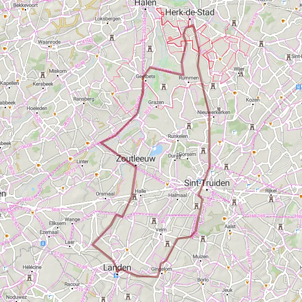 Map miniature of "Zoutleeuw-Gingelom Gravel Route" cycling inspiration in Prov. Vlaams-Brabant, Belgium. Generated by Tarmacs.app cycling route planner