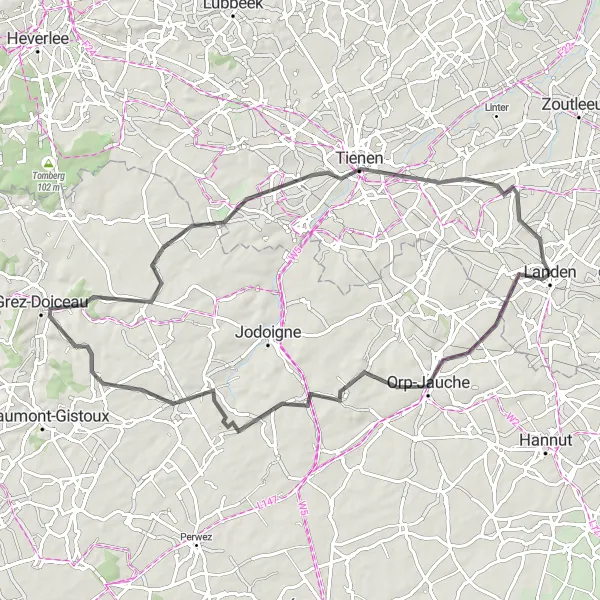 Map miniature of "Orp-Jauche-Grez-Doiceau Road Route" cycling inspiration in Prov. Vlaams-Brabant, Belgium. Generated by Tarmacs.app cycling route planner