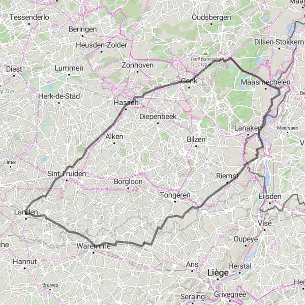 Map miniature of "Landen to Gingelom Loop" cycling inspiration in Prov. Vlaams-Brabant, Belgium. Generated by Tarmacs.app cycling route planner