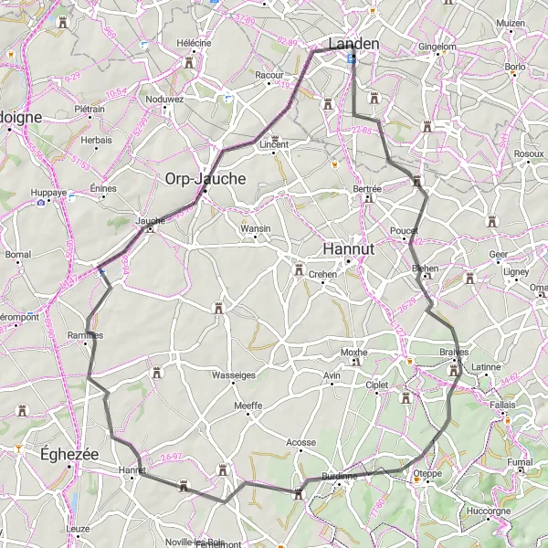 Miniature de la carte de l'inspiration cycliste "Boucle à vélo dans la région de Braives" dans la Prov. Vlaams-Brabant, Belgium. Générée par le planificateur d'itinéraire cycliste Tarmacs.app