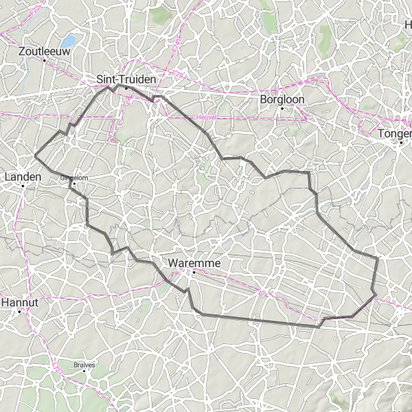 Miniatuurkaart van de fietsinspiratie "Landen - Sint-Truiden - Kasteel van Heers - Crisnée - Fexhe-le-Haut-Clocher - Berloz - Gingelom" in Prov. Vlaams-Brabant, Belgium. Gemaakt door de Tarmacs.app fietsrouteplanner