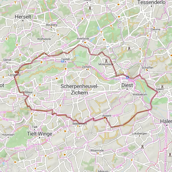 Miniature de la carte de l'inspiration cycliste "Aventure en Gravel à Langdorp" dans la Prov. Vlaams-Brabant, Belgium. Générée par le planificateur d'itinéraire cycliste Tarmacs.app