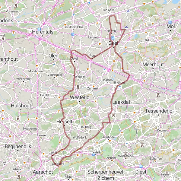 Miniature de la carte de l'inspiration cycliste "A la découverte de Herselt et Veerle" dans la Prov. Vlaams-Brabant, Belgium. Générée par le planificateur d'itinéraire cycliste Tarmacs.app