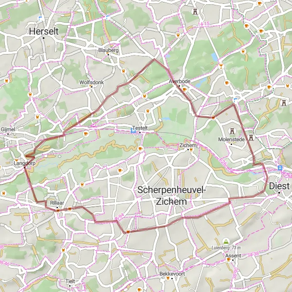 Map miniature of "Kaggevinne Gravel Adventure" cycling inspiration in Prov. Vlaams-Brabant, Belgium. Generated by Tarmacs.app cycling route planner