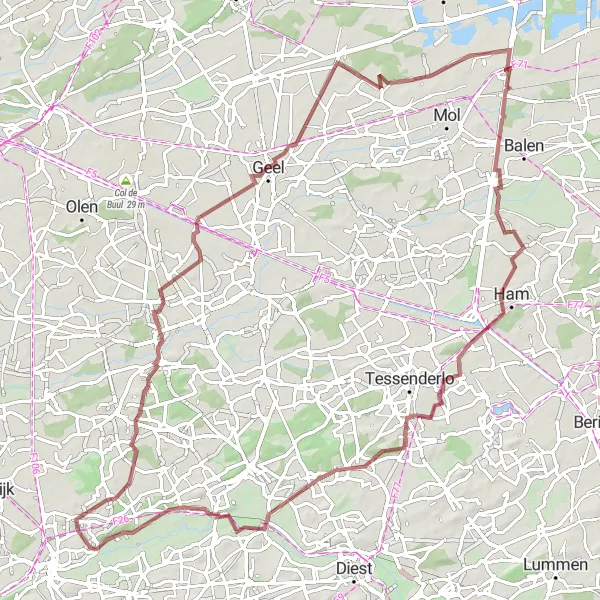 Miniatuurkaart van de fietsinspiratie "Gravelroute van Langdorp naar Engsbergen" in Prov. Vlaams-Brabant, Belgium. Gemaakt door de Tarmacs.app fietsrouteplanner