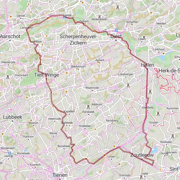 Miniature de la carte de l'inspiration cycliste "Les sentiers de gravel de Langdorp à Tielt-Winge" dans la Prov. Vlaams-Brabant, Belgium. Générée par le planificateur d'itinéraire cycliste Tarmacs.app