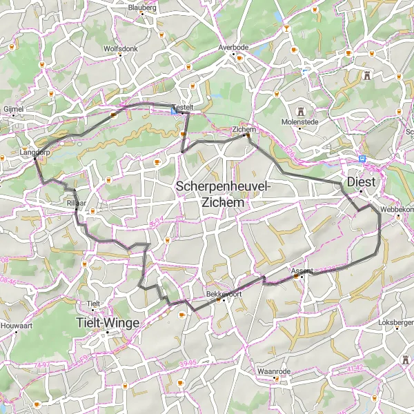 Miniatuurkaart van de fietsinspiratie "Langdorp en Rillaar Route" in Prov. Vlaams-Brabant, Belgium. Gemaakt door de Tarmacs.app fietsrouteplanner