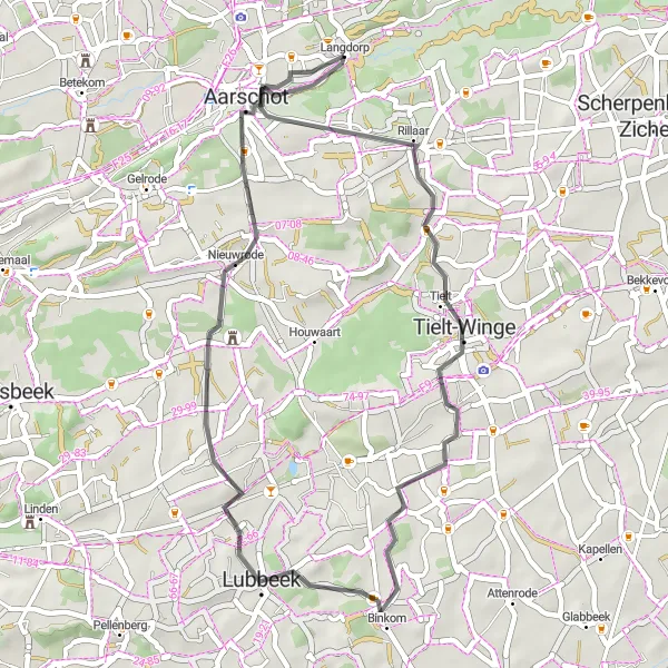 Miniatuurkaart van de fietsinspiratie "Tielt-Winge Verkenningstocht" in Prov. Vlaams-Brabant, Belgium. Gemaakt door de Tarmacs.app fietsrouteplanner